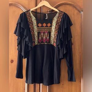 Free People Medium La Cienga Embroidered Knit Ruffle Embroidered Black Top Mesh